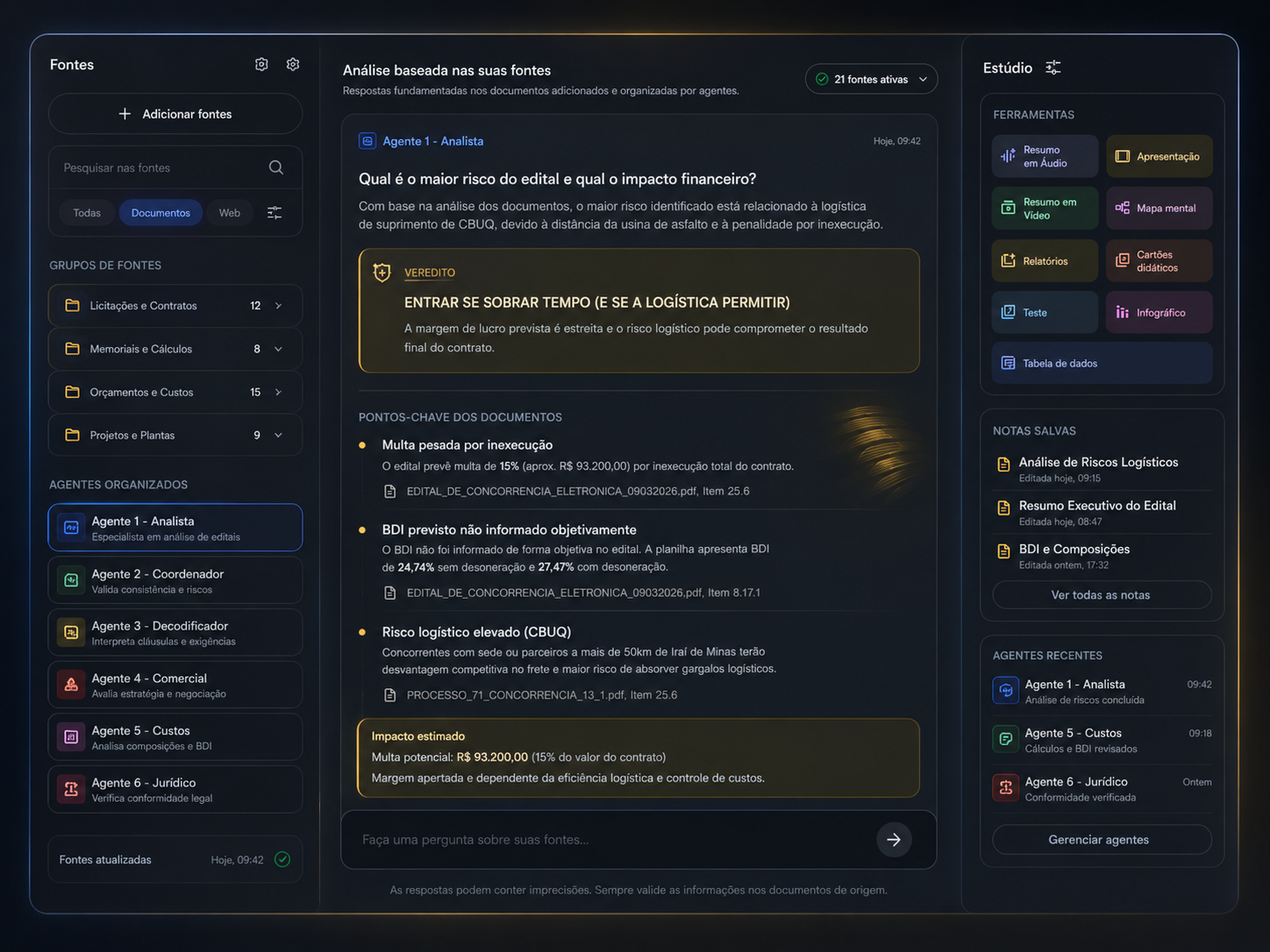 Exemplo de análise baseada nas fontes do edital com agentes organizados no NotebookLM